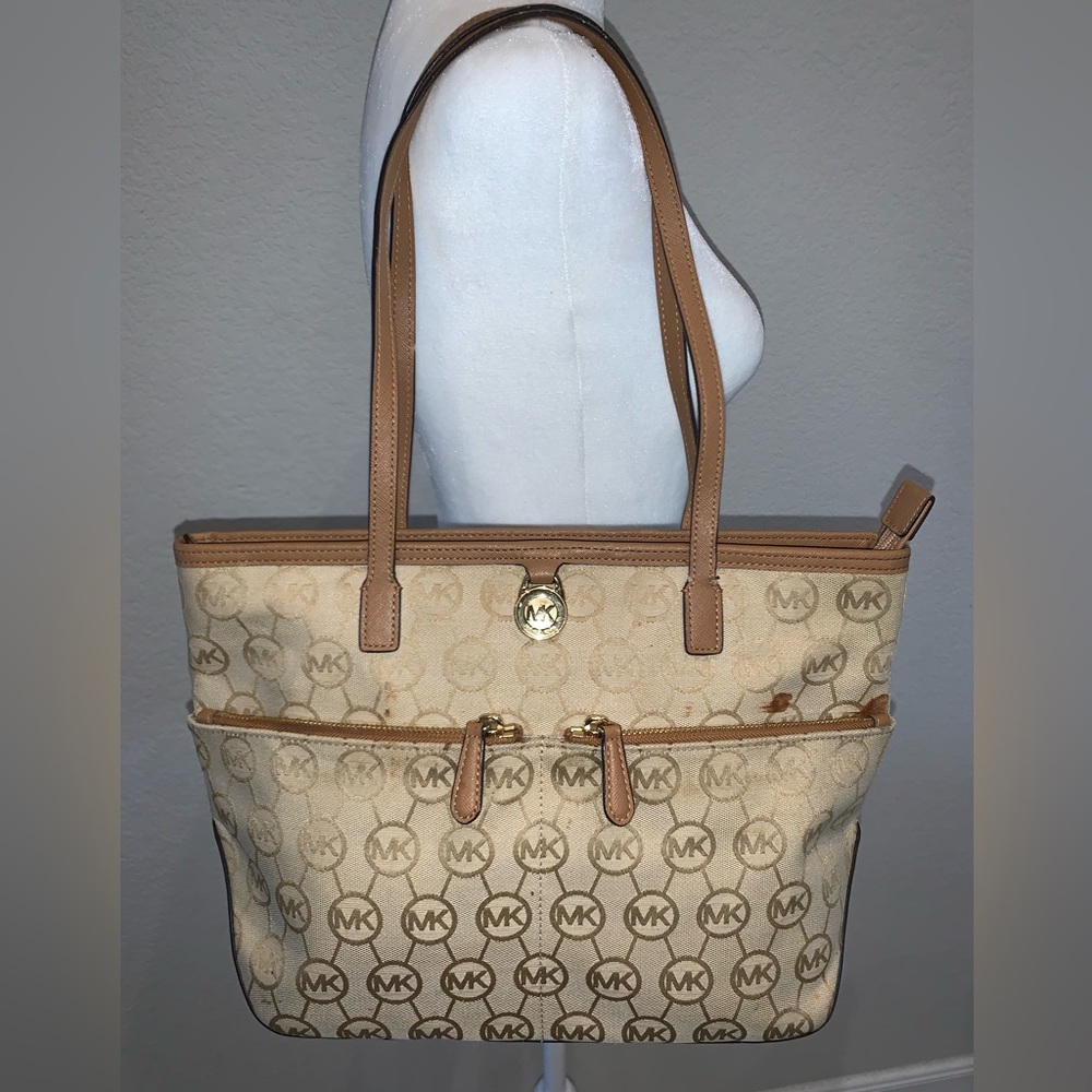 Michael Kors MK handbag tan and brown with gold hardware